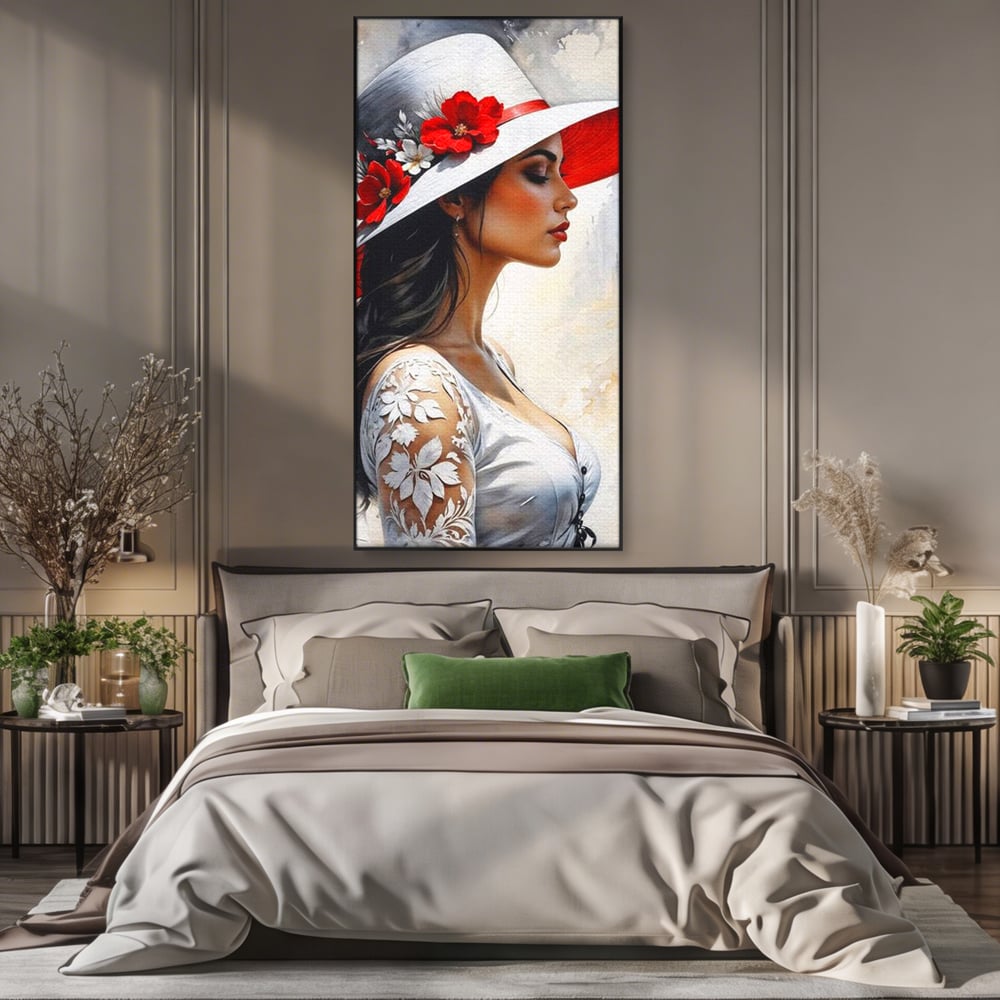 Tablou canvas cu tablou canvas cu profil de doamna, in rama de aluminiu negru, pe perete intr-un dormitor